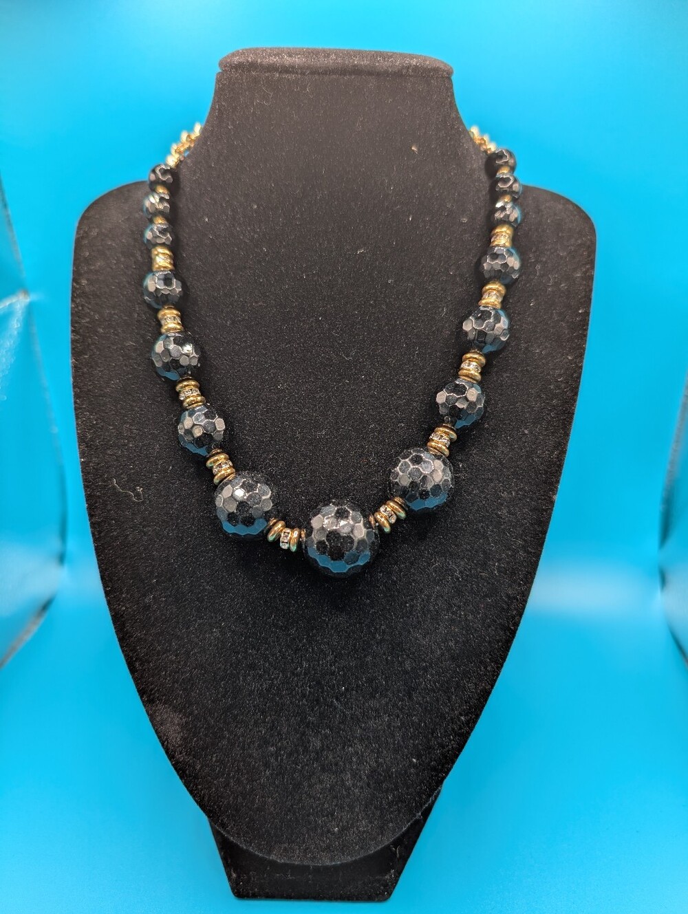 Sequin Black Faceted Bead Necklace with Gold Accents - Women Jewelry